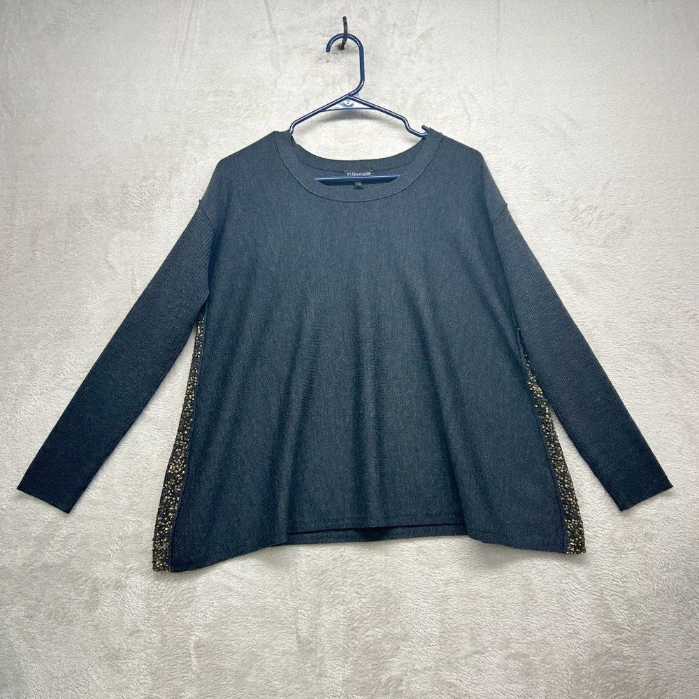 Eileen Fisher Womens Gray 100% Merino Wool Sequin Scoop neck Oversize Sweater XS
